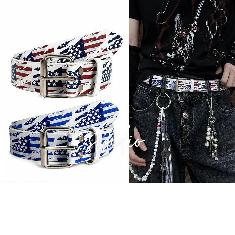 American vintage flag print leather belt
