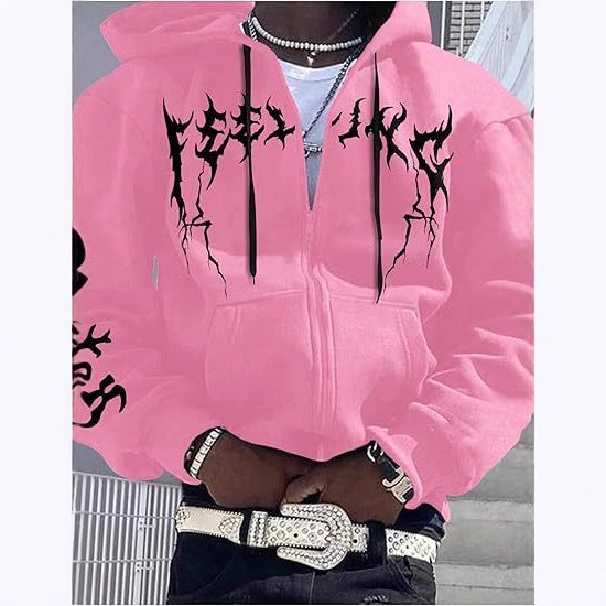 Y2K Gothic Flame Zip-Up Hoodie  Harajuku Streetwear