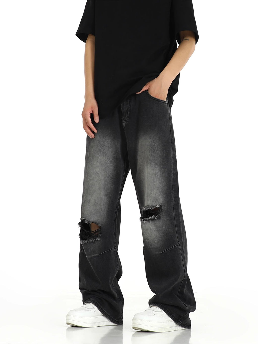 Ripped Straight Wide-Leg Jeans