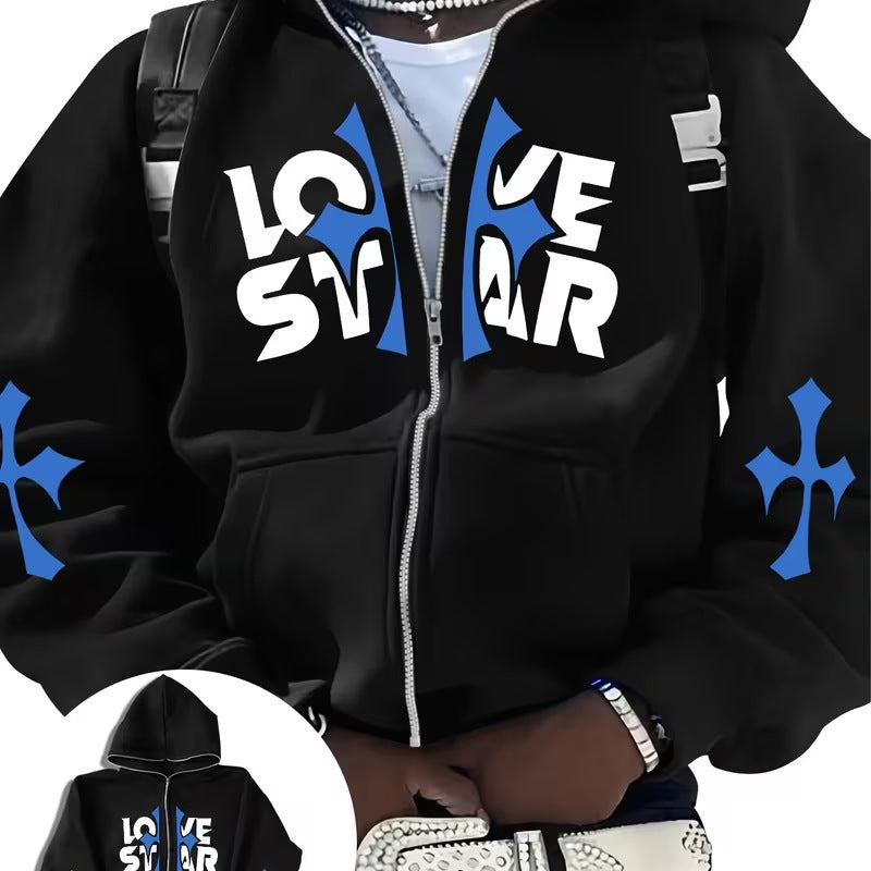 Y2K Gothic Zip-Up Hoodie  Oversized Dark Streetwear Jacket