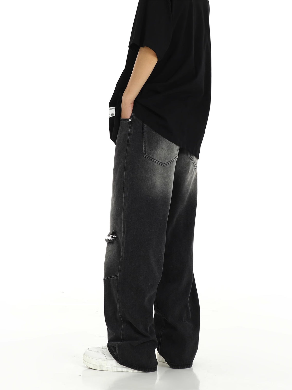 Ripped Straight Wide-Leg Jeans