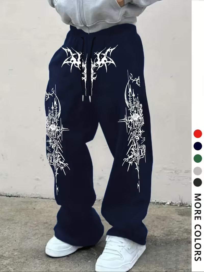 Men's casual sports pants, thorn pattern printed sweatpants, drawstring loose wide-leg casual pants
