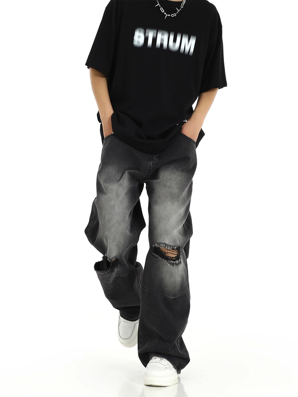 Ripped Straight Wide-Leg Jeans