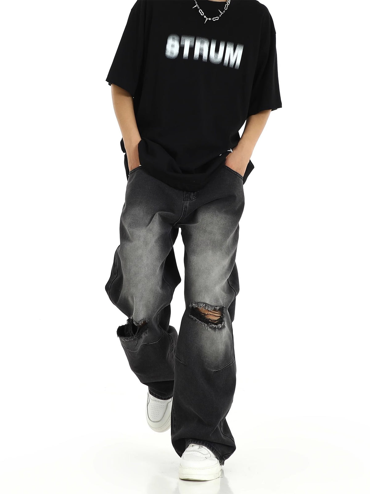 Ripped Straight Wide-Leg Jeans