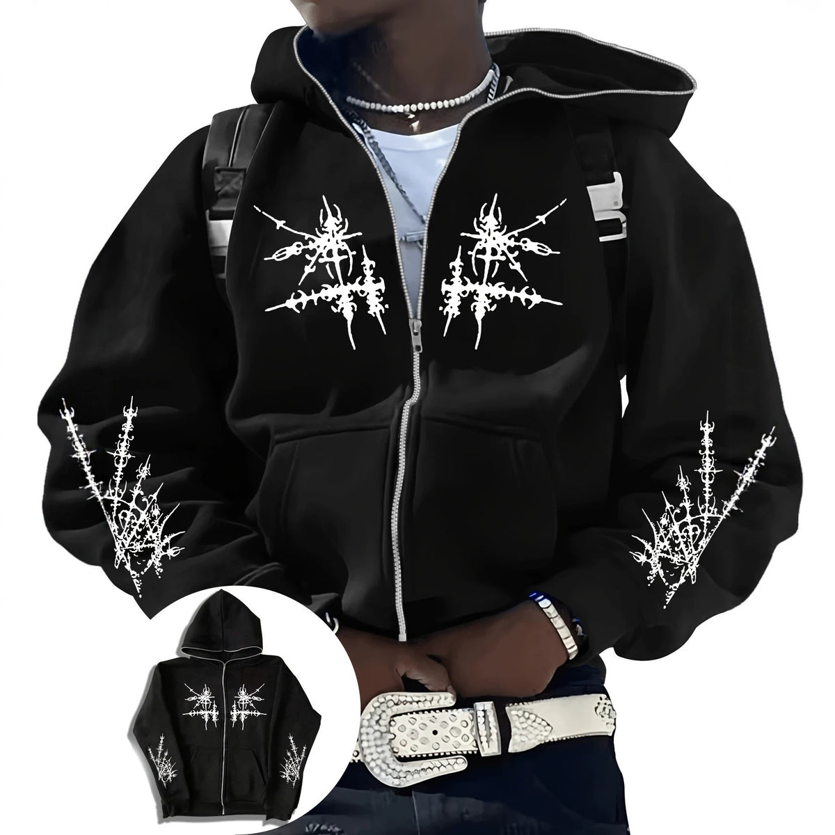Y2K Gothic Zip-Up Hoodie  Oversized Dark Streetwear Jacket