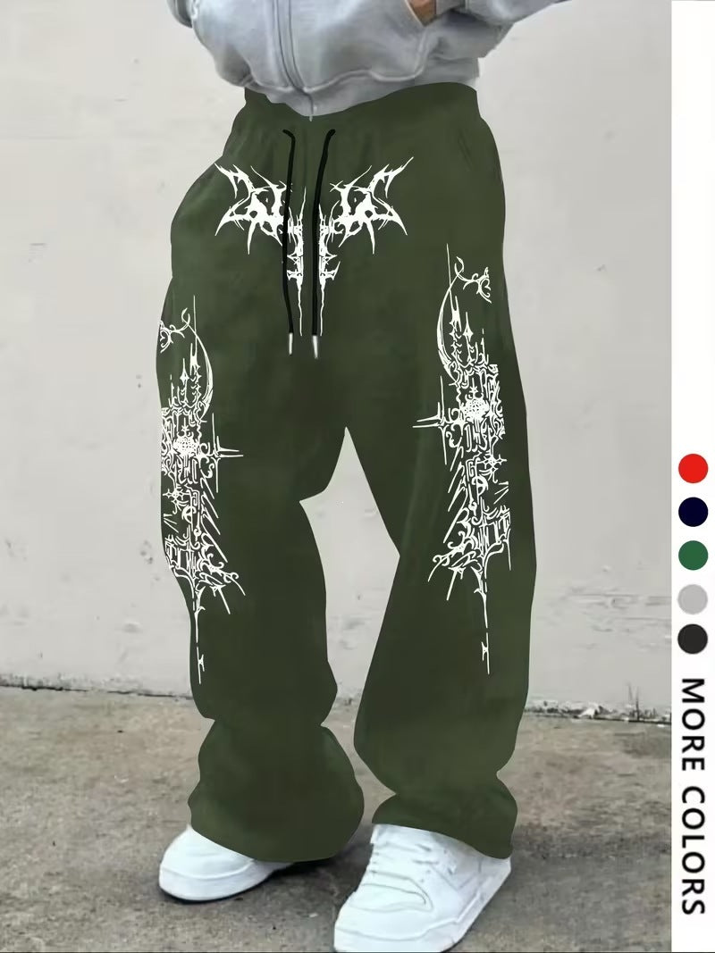 Men's casual sports pants, thorn pattern printed sweatpants, drawstring loose wide-leg casual pants