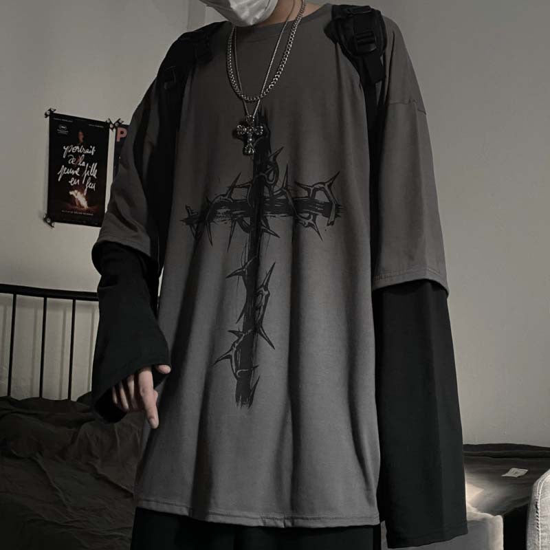 Retro high street dark hip-hop Harajuku thorns cross print loose fake two-piece stitching long-sleeved T-shirt men