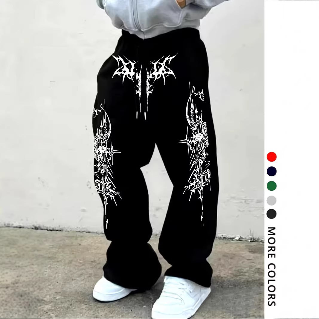 Men's casual sports pants, thorn pattern printed sweatpants, drawstring loose wide-leg casual pants