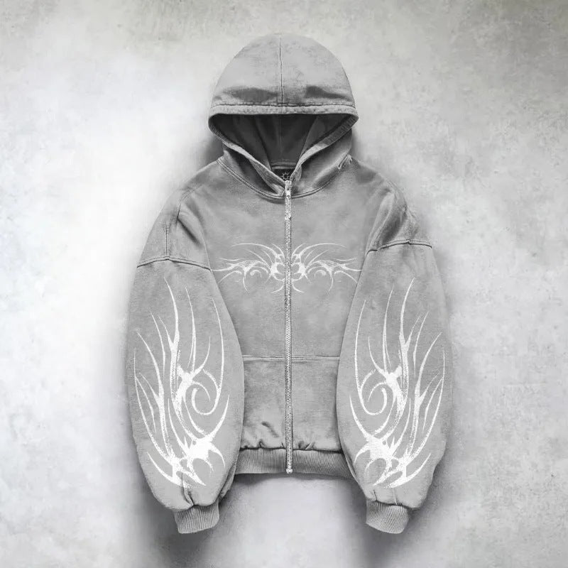 Y2K Gothic Tribal Zip-Up Hoodie  Harajuku Streetwear