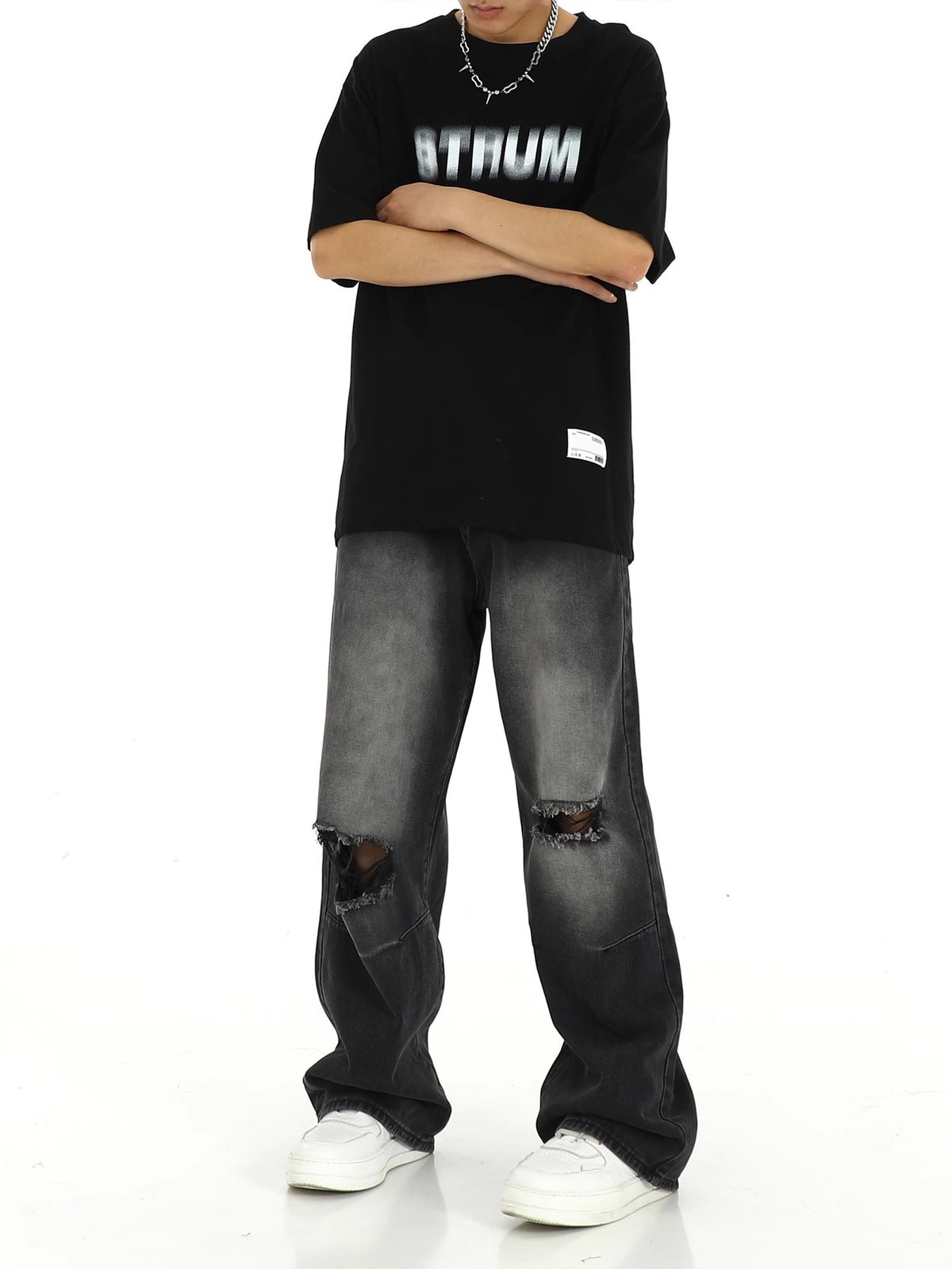 Ripped Straight Wide-Leg Jeans