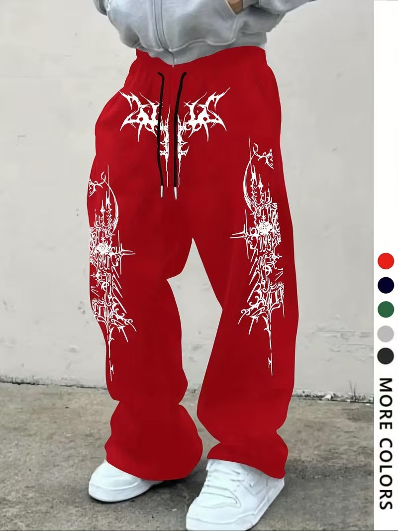 Men's casual sports pants, thorn pattern printed sweatpants, drawstring loose wide-leg casual pants