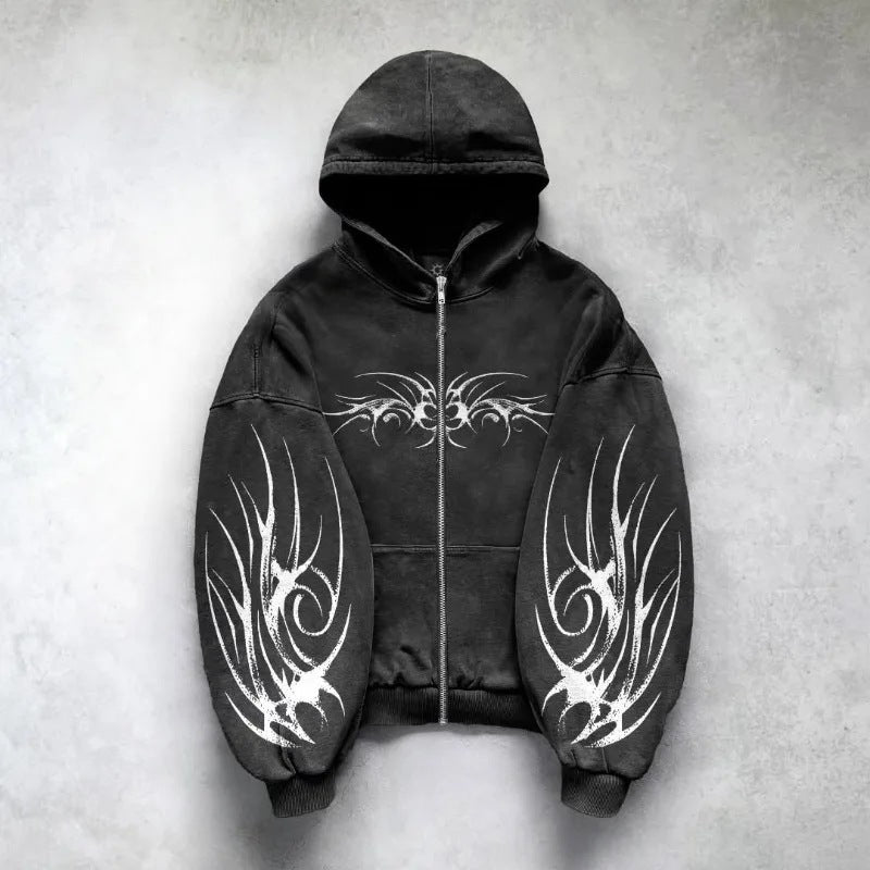 Y2K Gothic Tribal Zip-Up Hoodie  Harajuku Streetwear