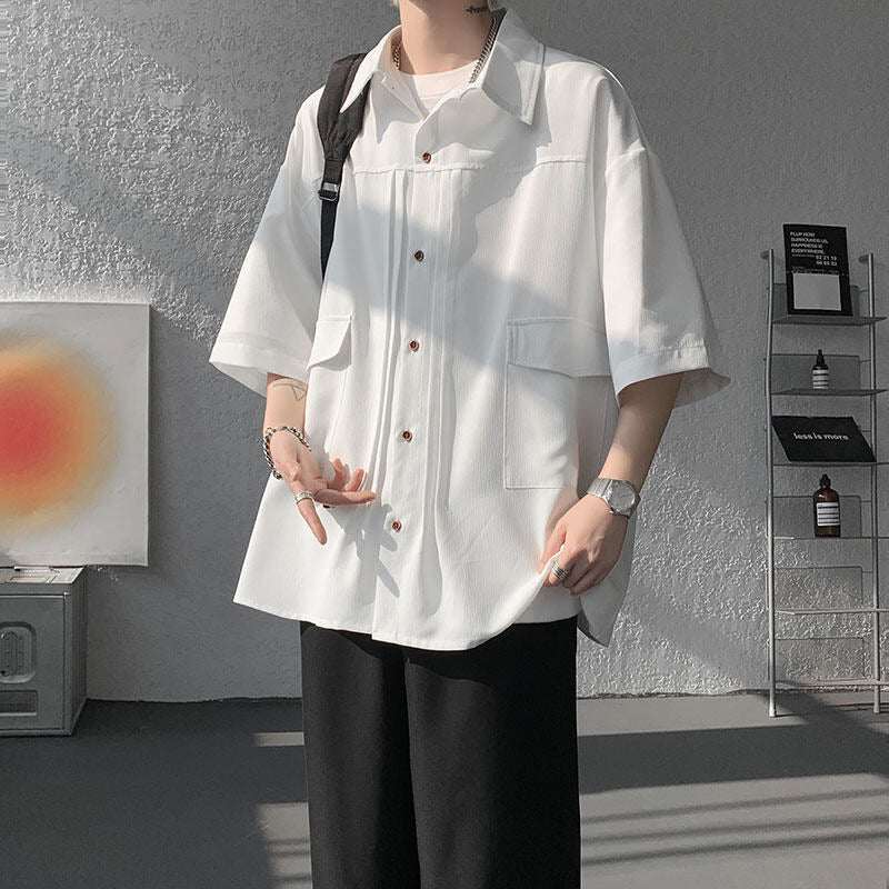 Summer new men's short-sleeve shirts, plus-size men's shirts, men's pleated shirts