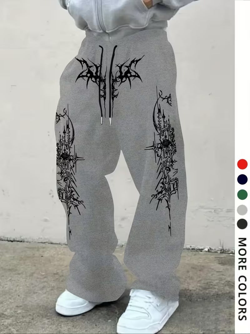 Men's casual sports pants, thorn pattern printed sweatpants, drawstring loose wide-leg casual pants