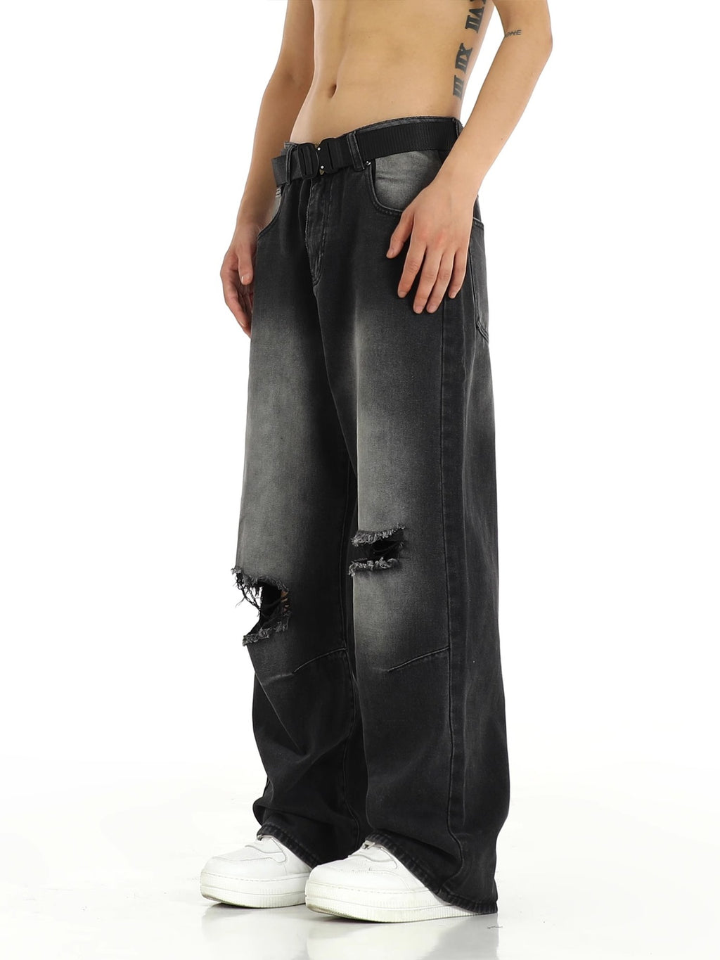 Ripped Straight Wide-Leg Jeans