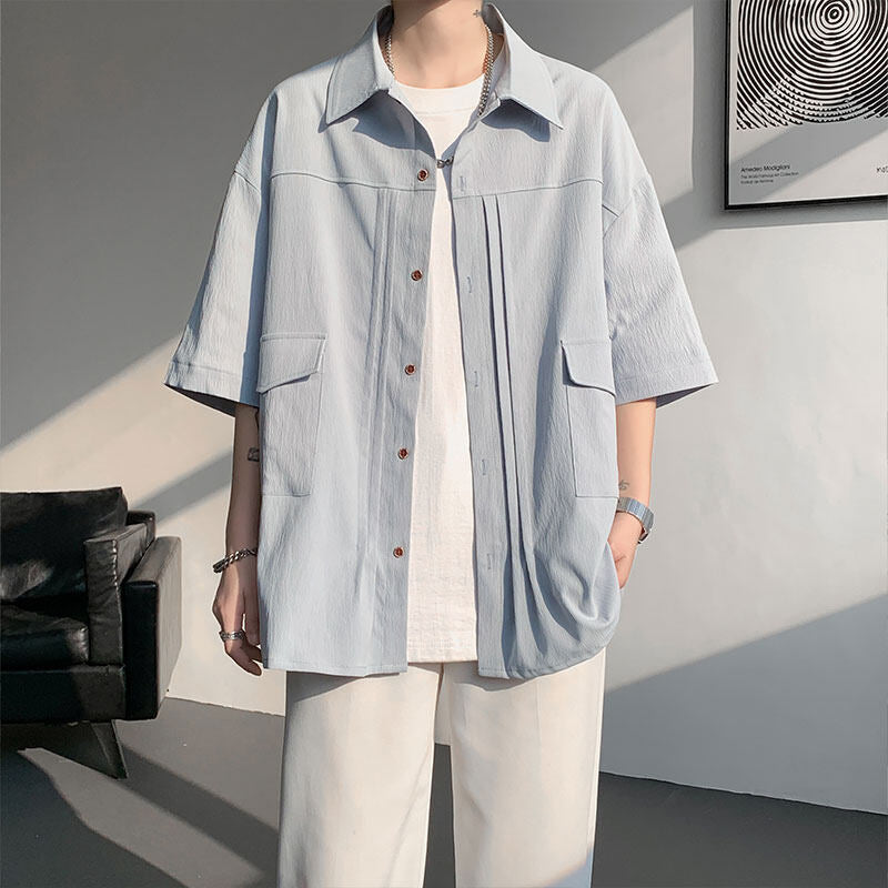 Summer new men's short-sleeve shirts, plus-size men's shirts, men's pleated shirts