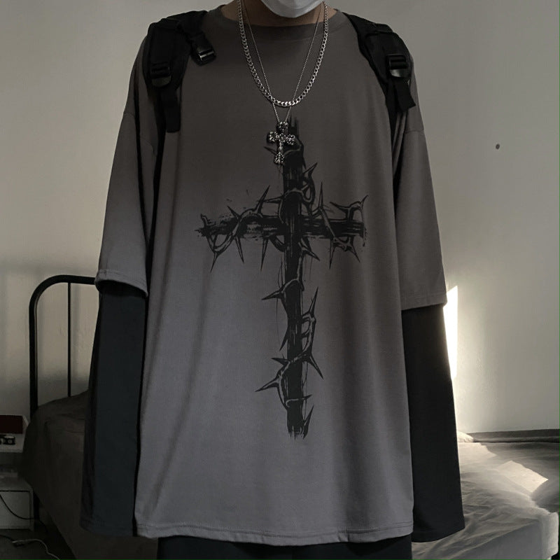 Retro high street dark hip-hop Harajuku thorns cross print loose fake two-piece stitching long-sleeved T-shirt men