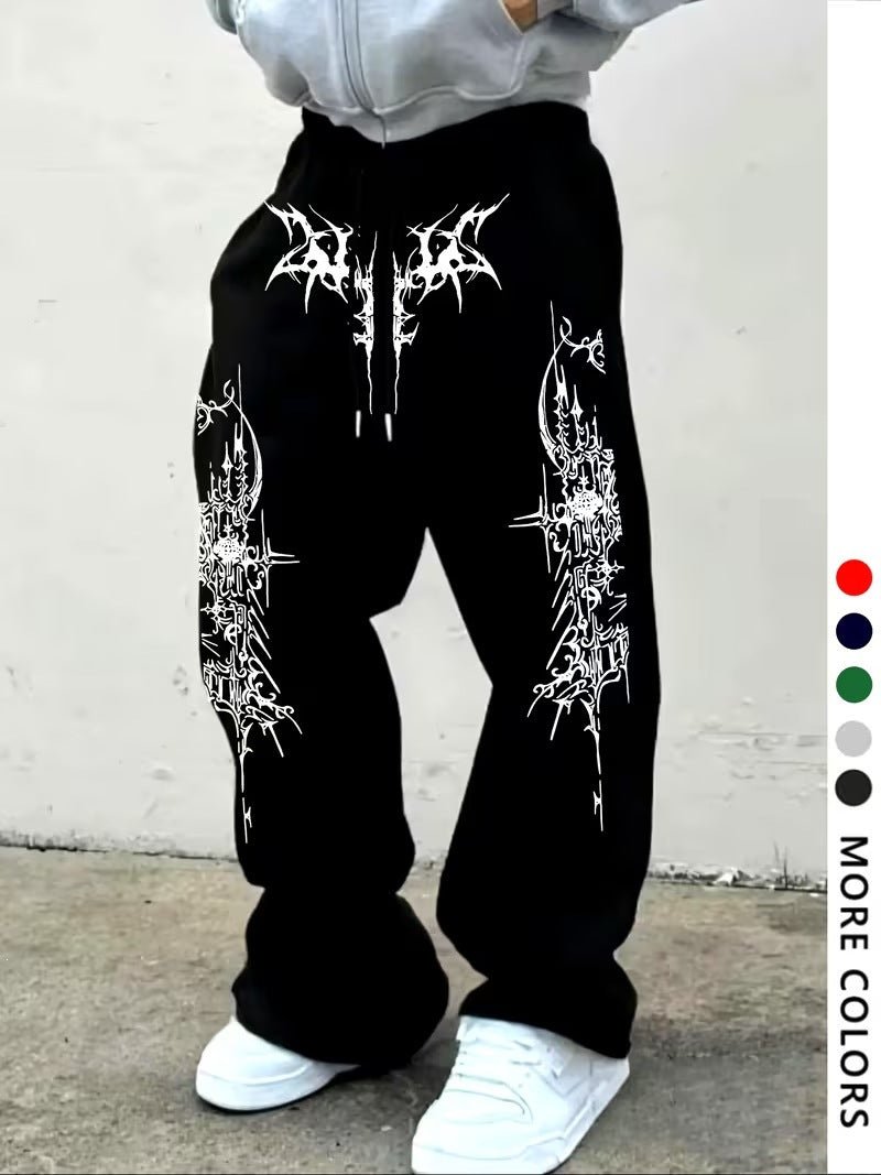 Men's casual sports pants, thorn pattern printed sweatpants, drawstring loose wide-leg casual pants
