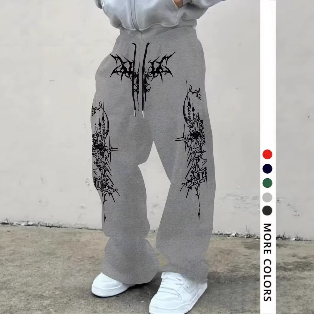 Men's casual sports pants, thorn pattern printed sweatpants, drawstring loose wide-leg casual pants