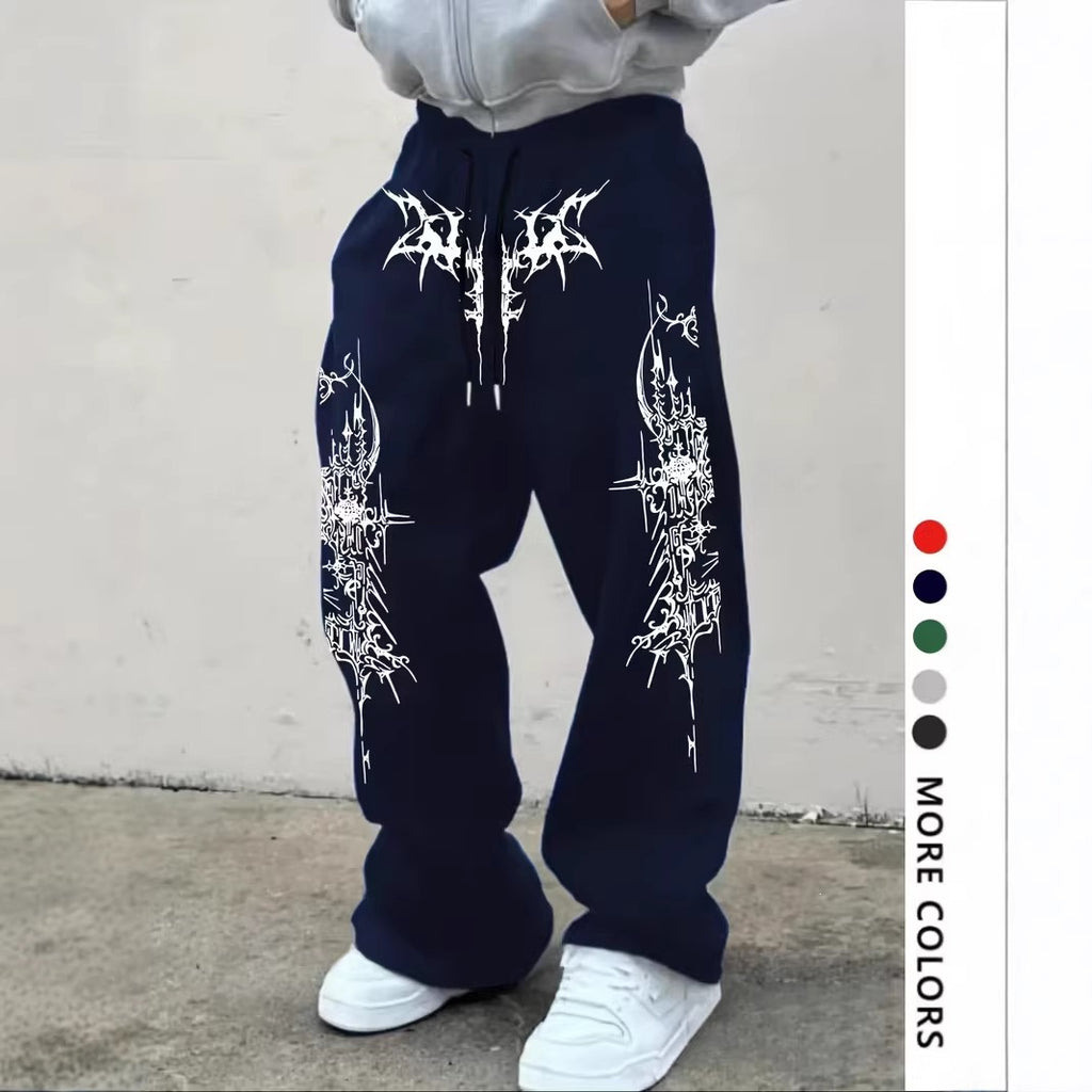 Men's casual sports pants, thorn pattern printed sweatpants, drawstring loose wide-leg casual pants