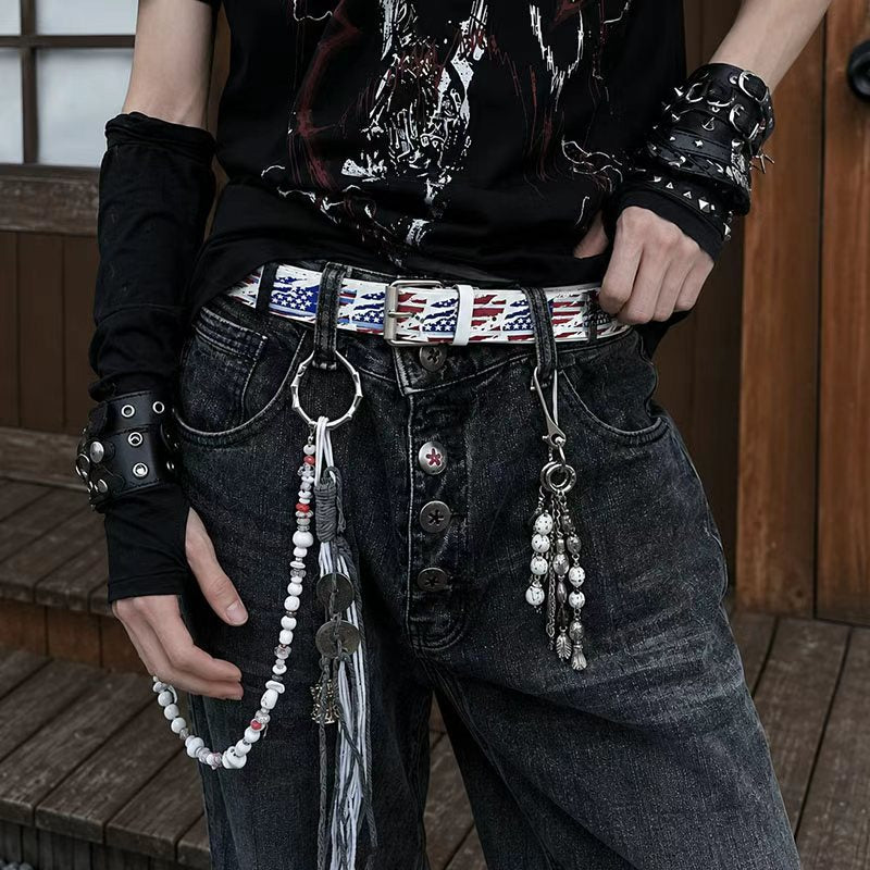 American vintage flag print leather belt