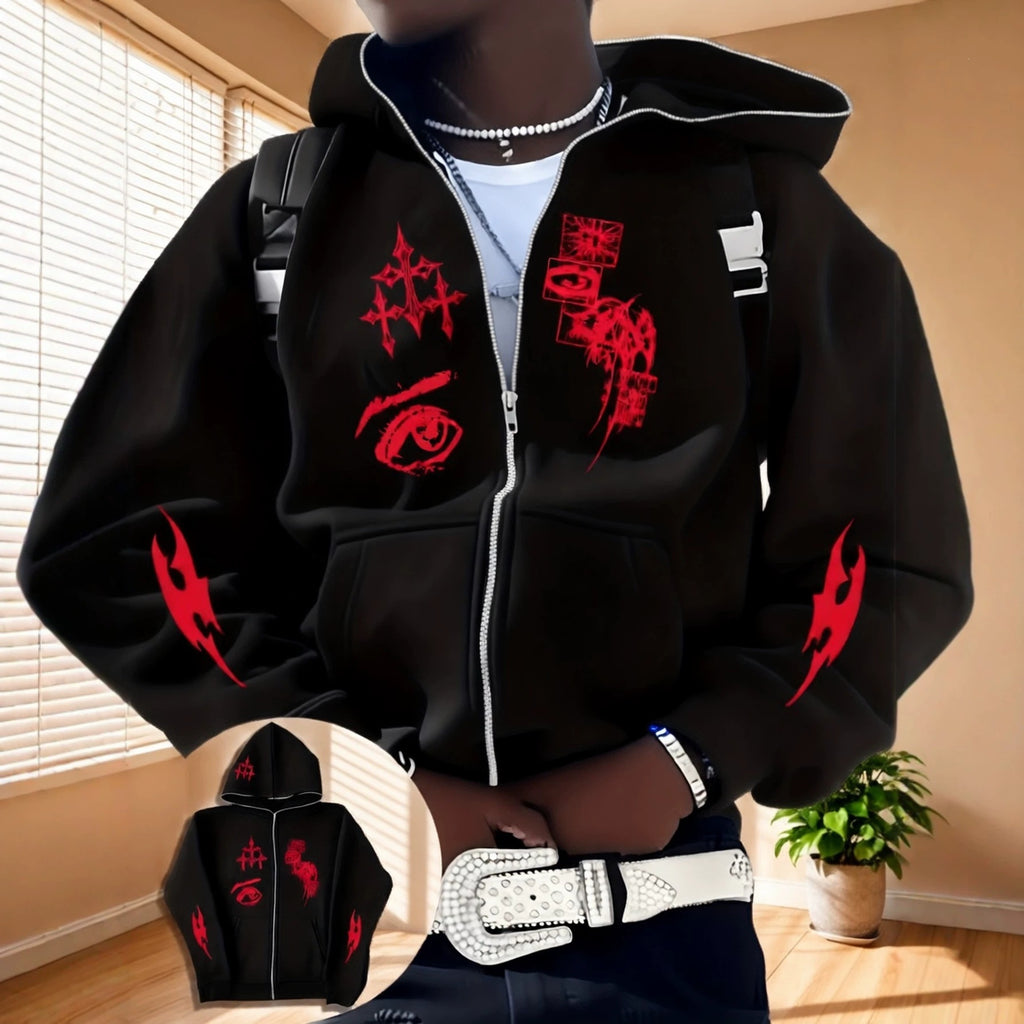 Y2K Gothic Zip-Up Hoodie  Oversized Dark Streetwear Jacket