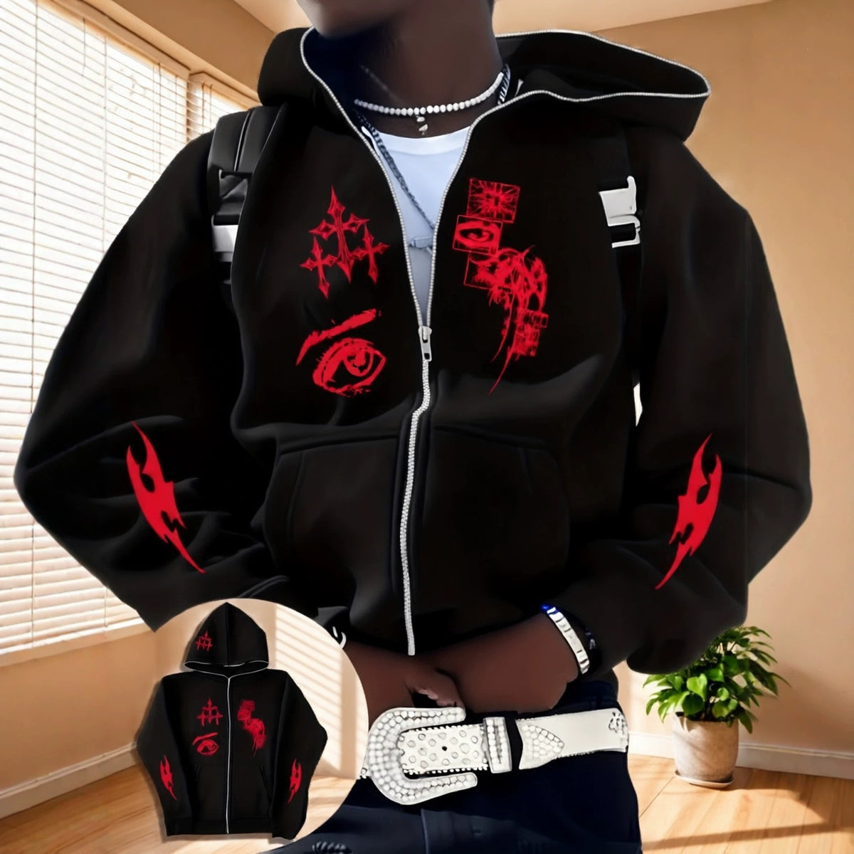 Y2K Gothic Zip-Up Hoodie  Oversized Dark Streetwear Jacket