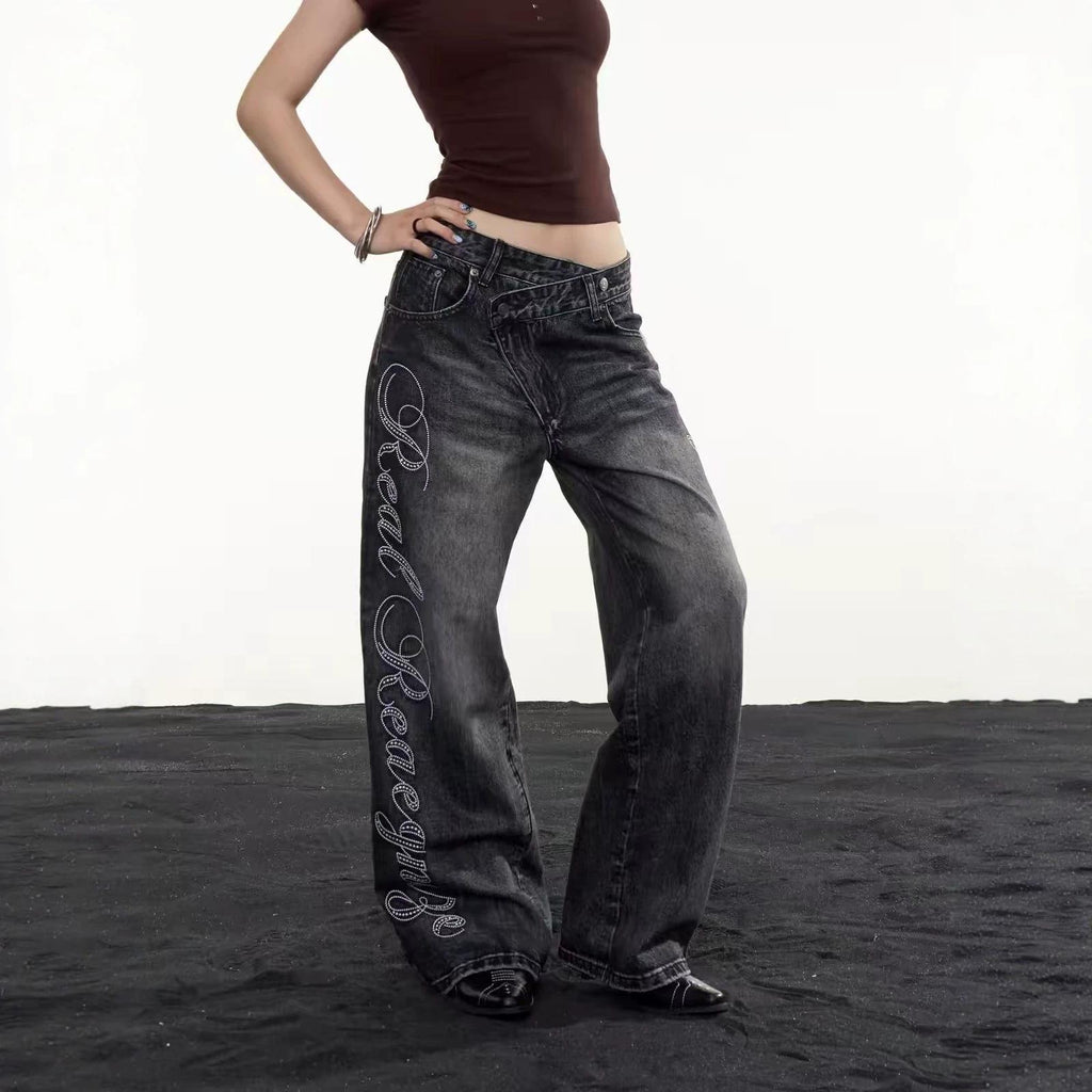 Embroidered Cross Wide-Leg Jeans