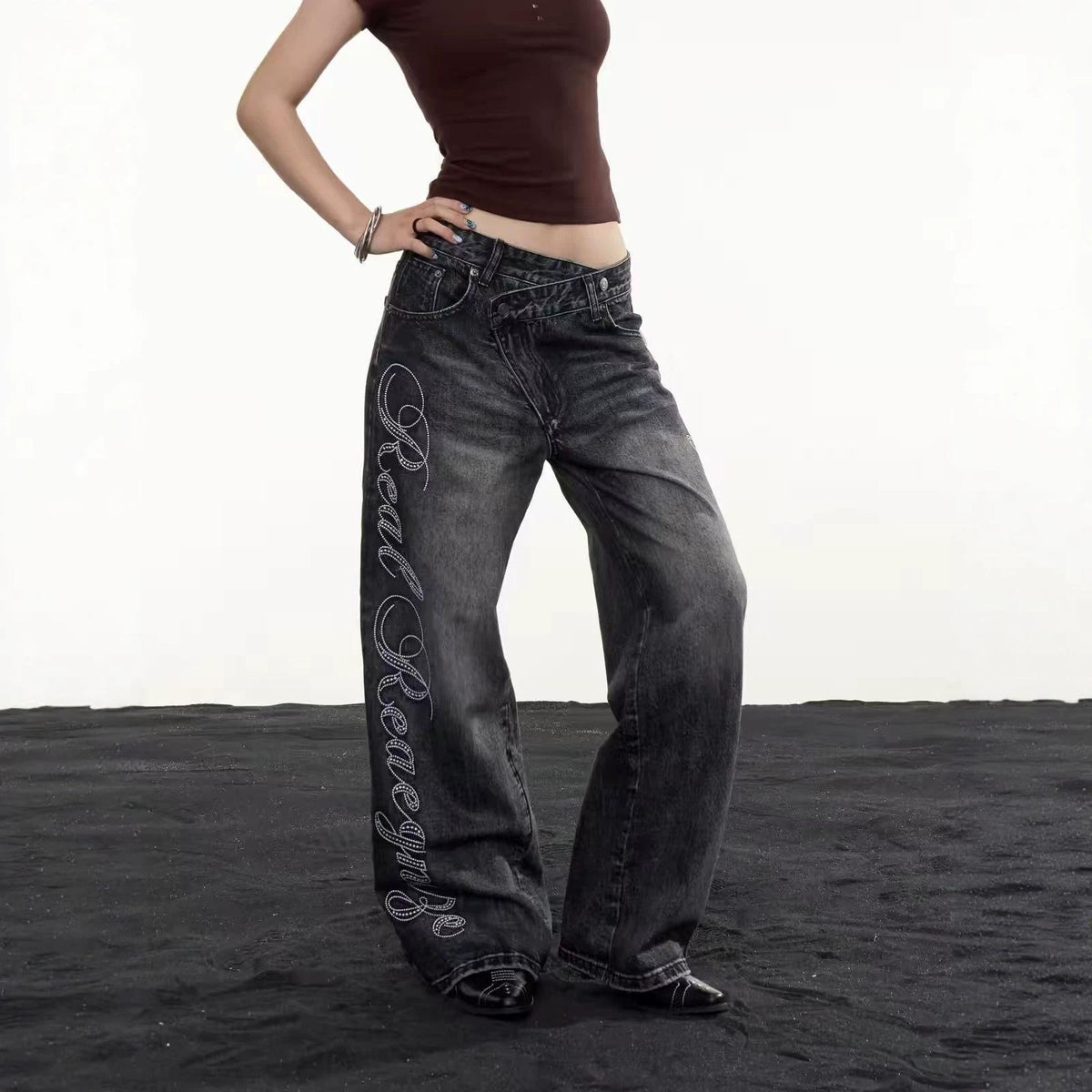 Embroidered Cross Wide-Leg Jeans