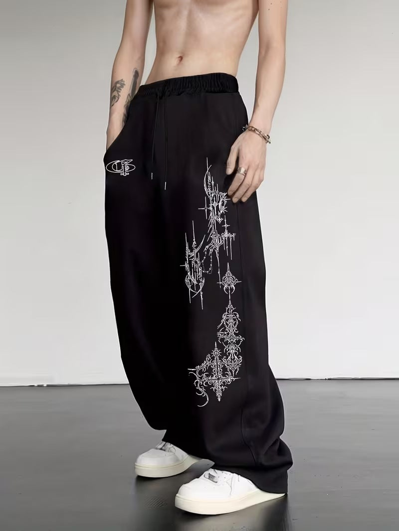 Men's casual sports pants, thorn pattern printed sweatpants, drawstring loose wide-leg casual pants