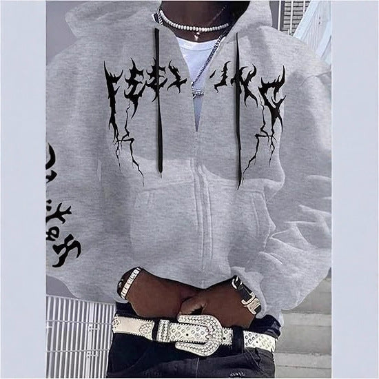 Y2K Gothic Flame Zip-Up Hoodie  Harajuku Streetwear