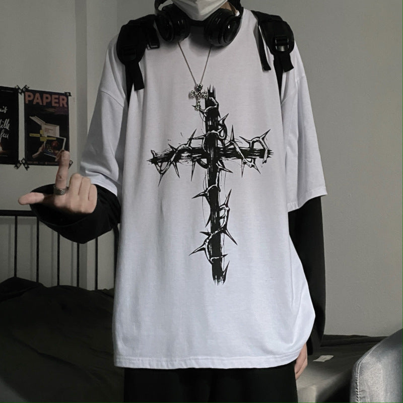 Retro high street dark hip-hop Harajuku thorns cross print loose fake two-piece stitching long-sleeved T-shirt men