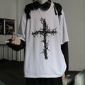 Retro high street dark hip-hop Harajuku thorns cross print loose fake two-piece stitching long-sleeved T-shirt men