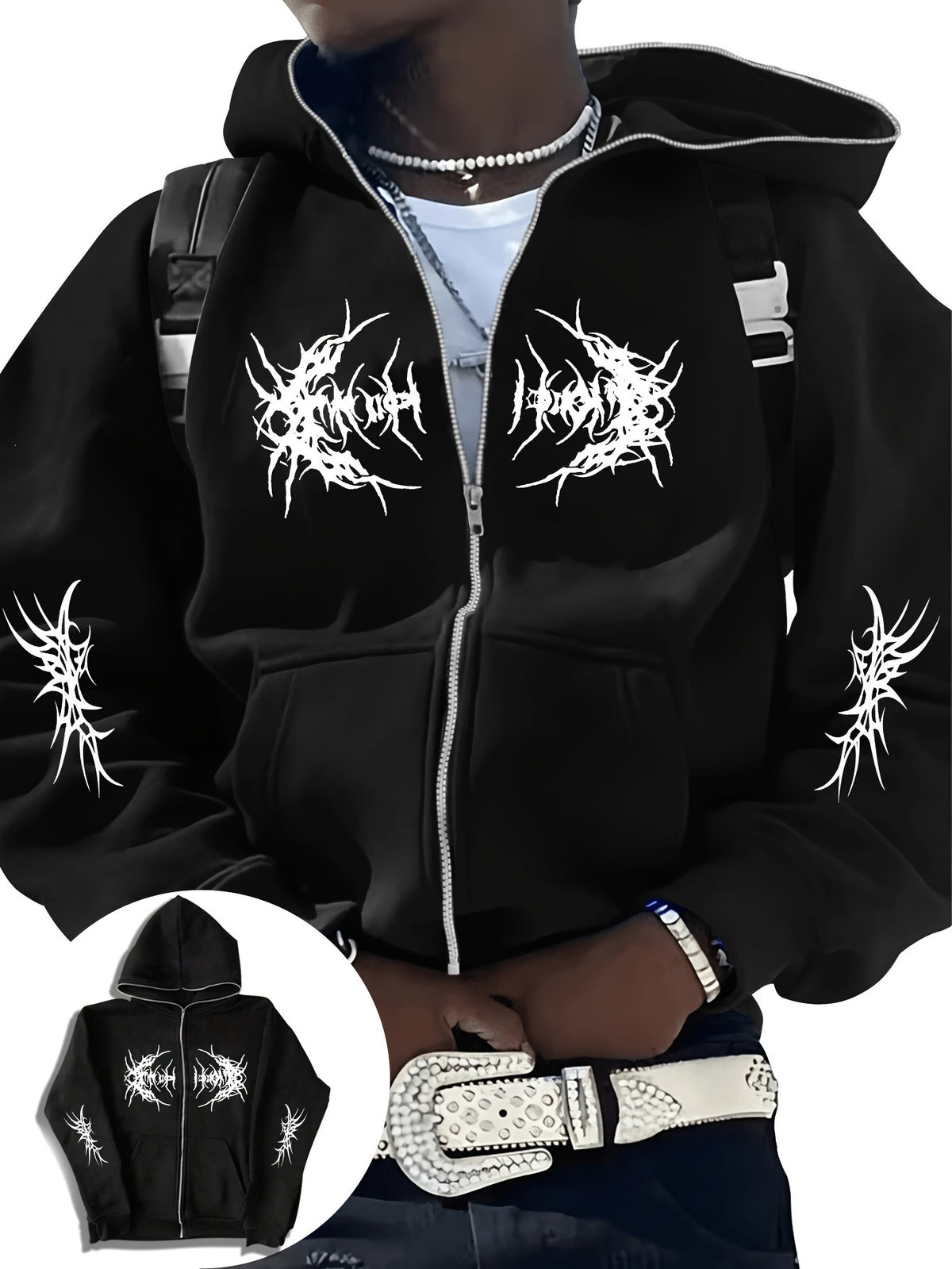 Y2K Gothic Zip-Up Hoodie  Oversized Dark Streetwear Jacket