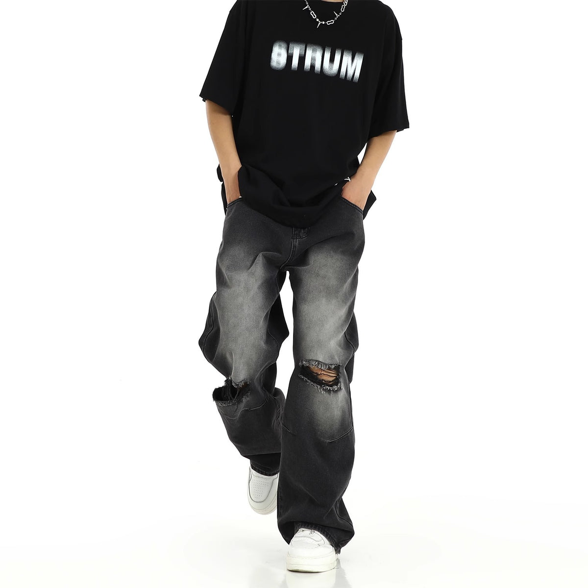 Ripped Straight Wide-Leg Jeans