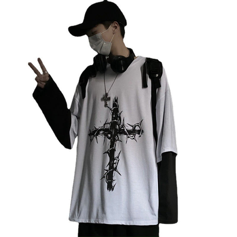 Retro high street dark hip-hop Harajuku thorns cross print loose fake two-piece stitching long-sleeved T-shirt men