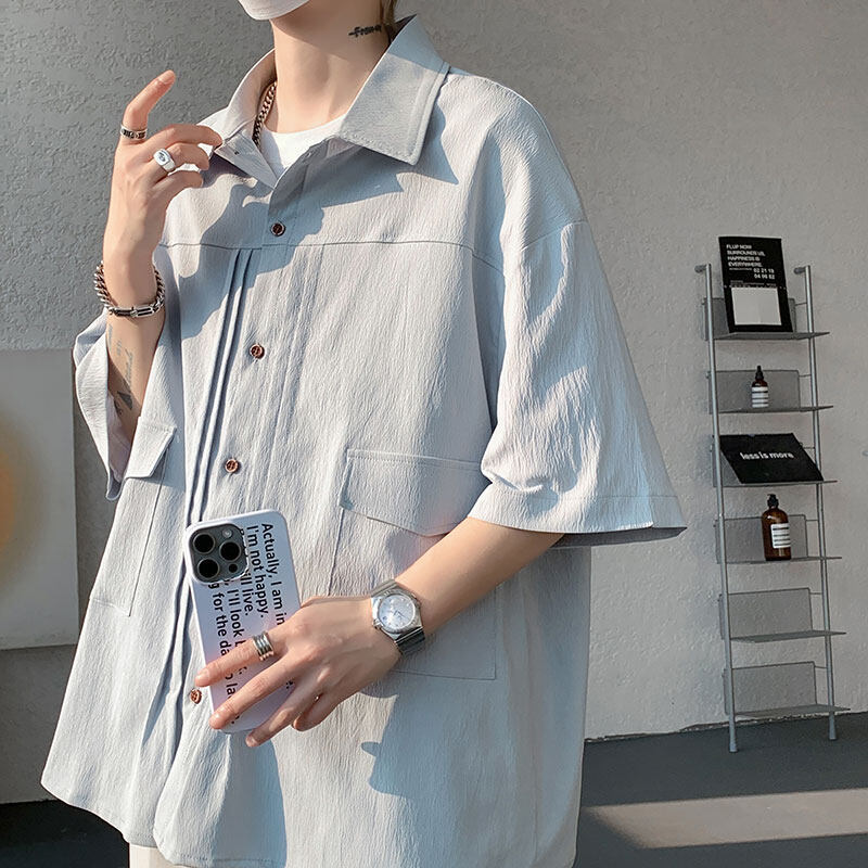 Summer new men's short-sleeve shirts, plus-size men's shirts, men's pleated shirts
