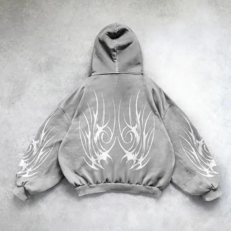 Y2K Gothic Tribal Zip-Up Hoodie  Harajuku Streetwear