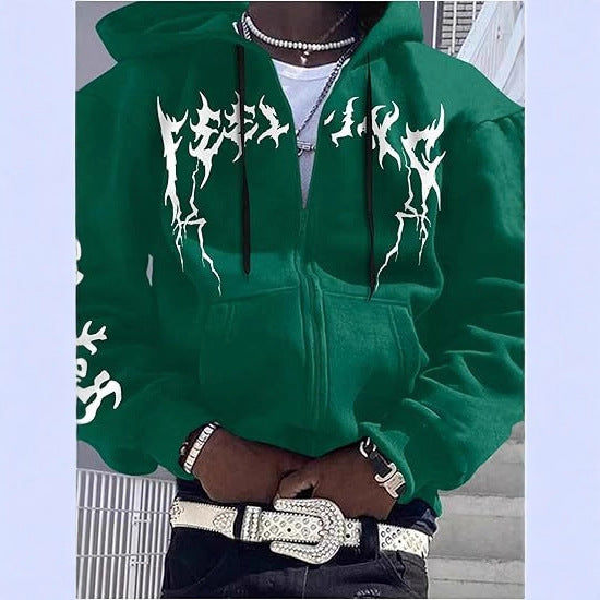 Y2K Gothic Flame Zip-Up Hoodie  Harajuku Streetwear