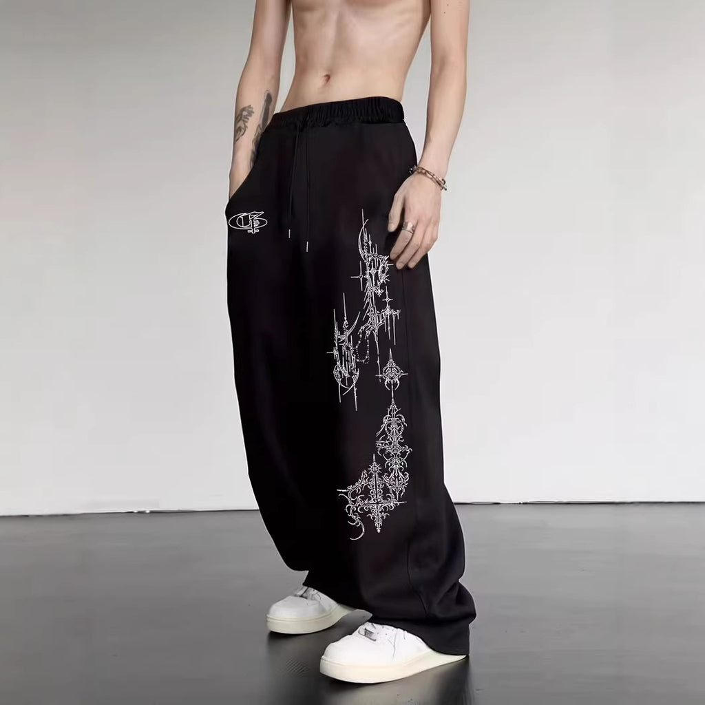 Men's casual sports pants, thorn pattern printed sweatpants, drawstring loose wide-leg casual pants