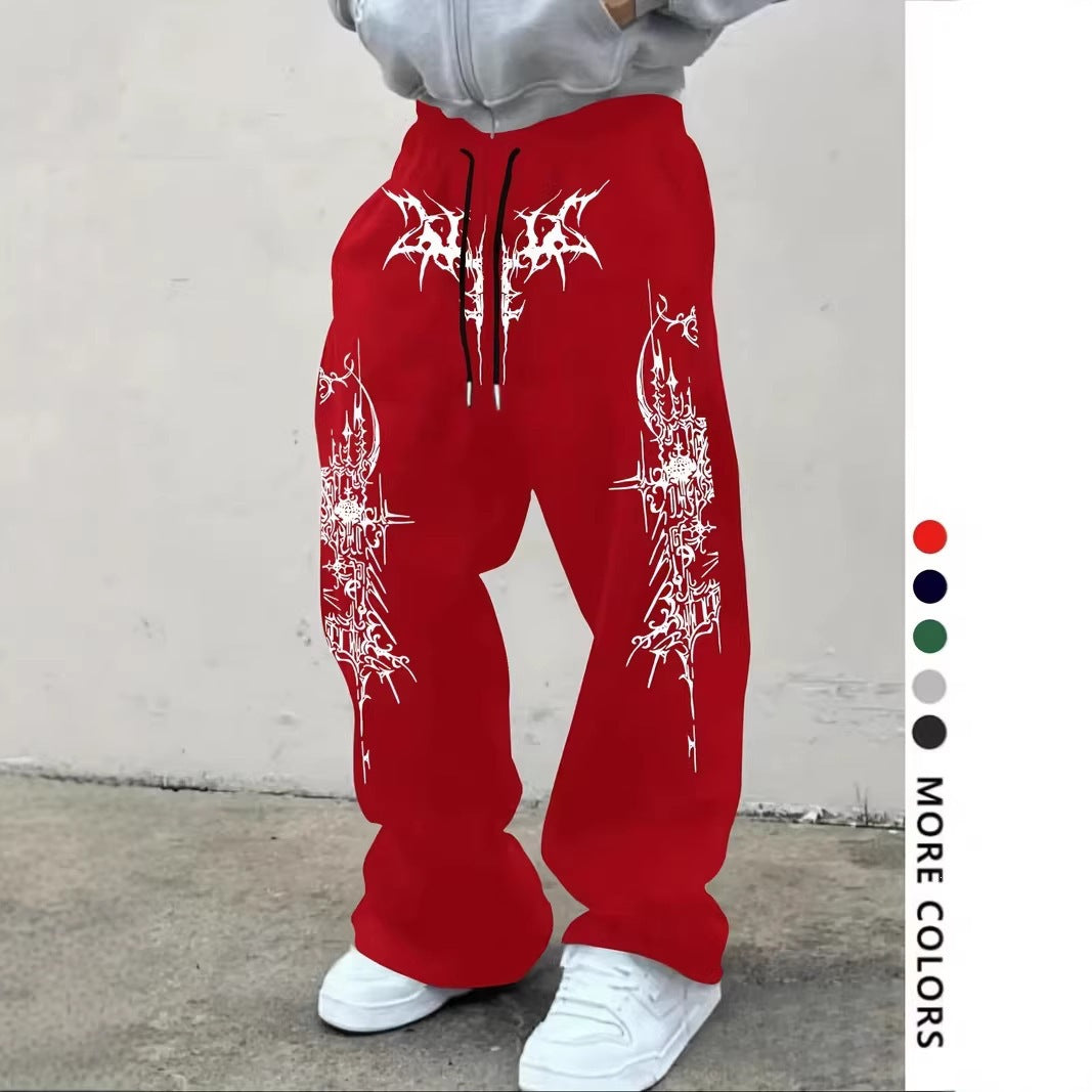 Men's casual sports pants, thorn pattern printed sweatpants, drawstring loose wide-leg casual pants