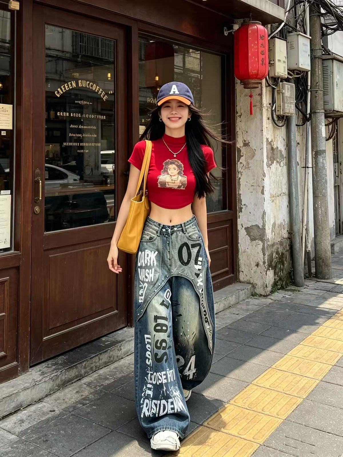 Graffiti Patchwork Wide-Leg Jeans