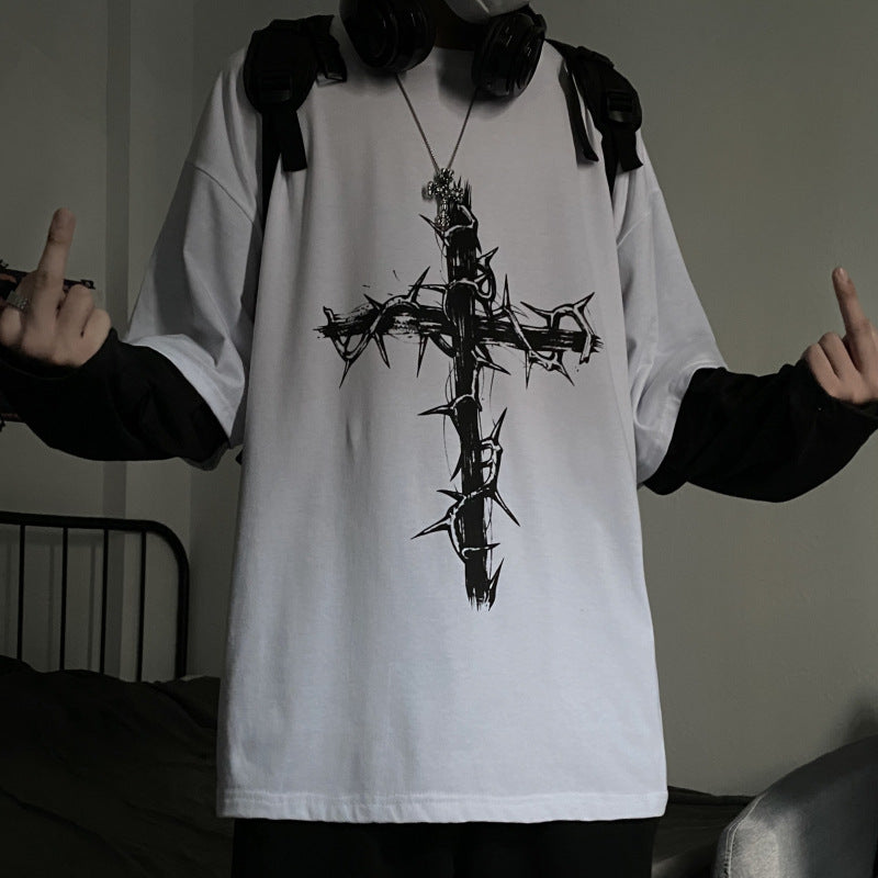 Retro high street dark hip-hop Harajuku thorns cross print loose fake two-piece stitching long-sleeved T-shirt men